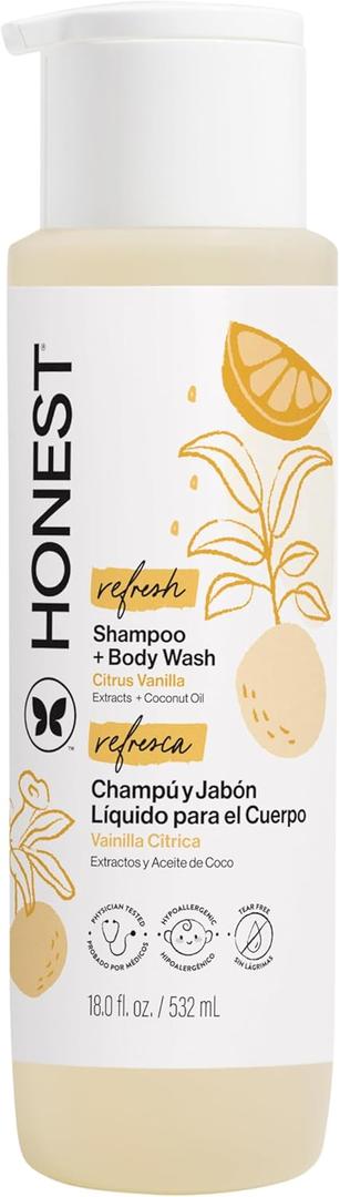 The Honest Company 2-in-1 Cleansing Shampoo Body Wash Gentle for Baby Naturally Derived, Tear-free, Hypoallergenic, Citrus Vanilla Refresh, 18 fl oz