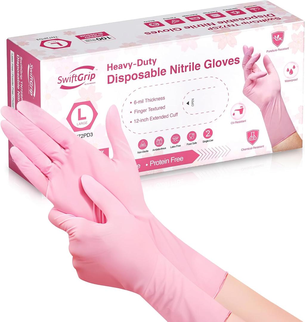 Disposable Nitrile Dishwashing Gloves, Extended 12 Inches Cuff, 6-mil, Cherry Blossom Cleaning Gloves, Latex-Free (Large)