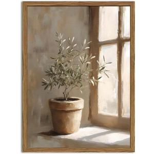 Vintage Olive Tree Wall Art, Rustic Botanical Pictures Wall Decor Painting 3D Textured Sandstone Retro Farmhouse Poster Picture Print for Bedroom Living Room 16x24 inch Wood Framed