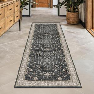 Black Boho Washable 2x6 Runner Rugs for Hallway Kitchen Bedroom Beside Laundry Room Bathroom Rug, Pet & Kids Friendly, Non Slip Low Pile Stain Resistant Soft Foldable Long 24 x 72 Floor Carpet (Ashen / Multi)