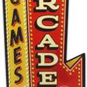 Arcade Games Arrow Metal Sign - Vintage Arcade Sign for Game Room or Man Cave (Red/Gold)