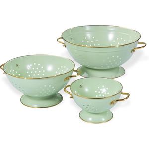 Metal Colander Set of 3, Strainer Basket with Handles perfect for Spaghetti, Pasta, Berry, Vegetable, Fruit, Solid Base Powder Coated Kitchen Essential Strainer Set, 1 & 3.5 & 5 Qt (Green)