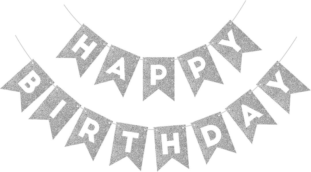 Silver Happy Birthday Banner Happy Birthday Sign for Backdrop Silver Birthday Decorations for Women Men Birthday Party Garland Bunting Banner Kids Adults Party Supplies