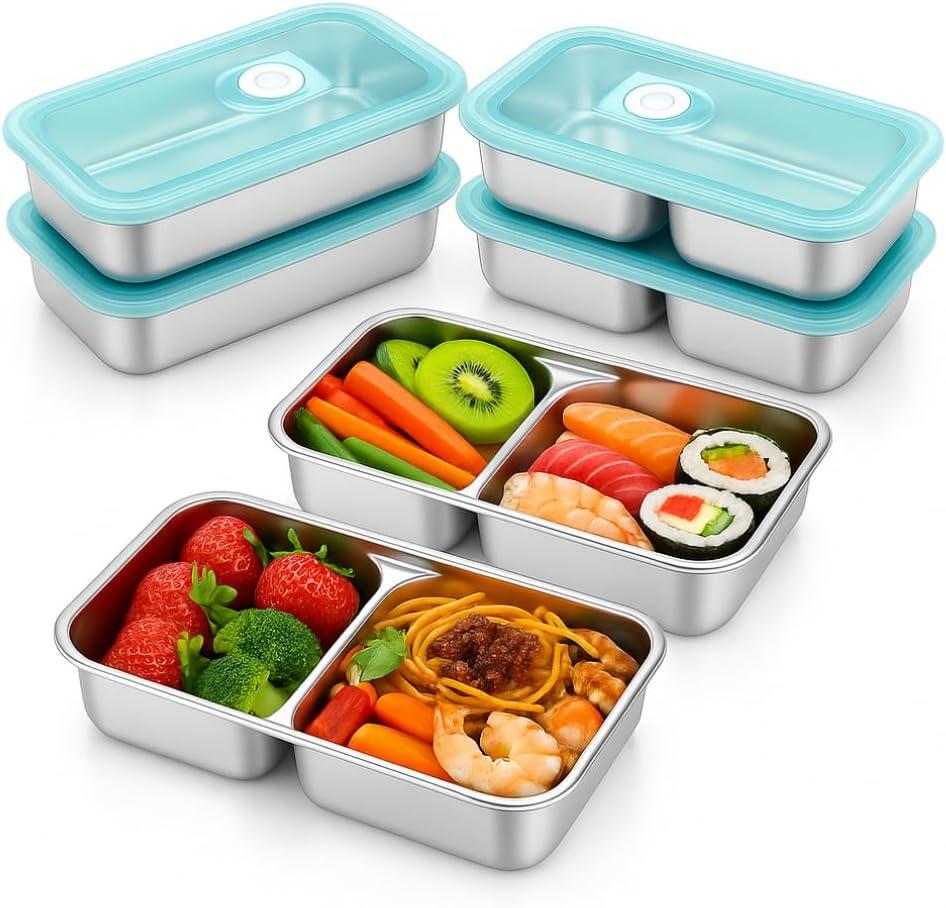 Blacksof 2 Pack Stainless Steel Snack Containers Leakproof Reusable Bento Boxes with Lids for Food Storage, Travel, Work, Outdoor (Clear Lid/Silver Base, Mixed)