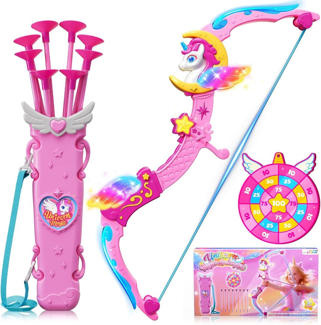 Unicorn Toys for Girls Ages 3-12, 6 Magic Lights Bow Arrow (Unicorn Horn, Wings, Star, Upper & Lower Arms), Dreamy Quiver & Princess Target, 8 Pink Suction Arrow, Gift for 3 4 5 6 7 8 9 10 Year Old Girl