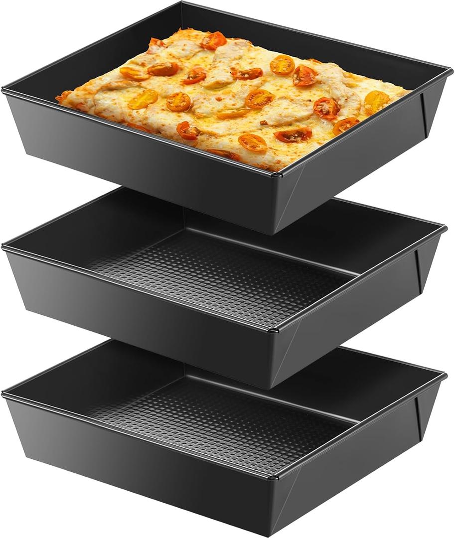 3 Pcs Detroit Style Pizza Pan 10 x 8 x 2.4 Inch Non Stick Rectangle Deep Pizza Pans Pre Seasoned Carbon Steel Sicilian Style Pan Dish Bakeware Kitchenware (Black)