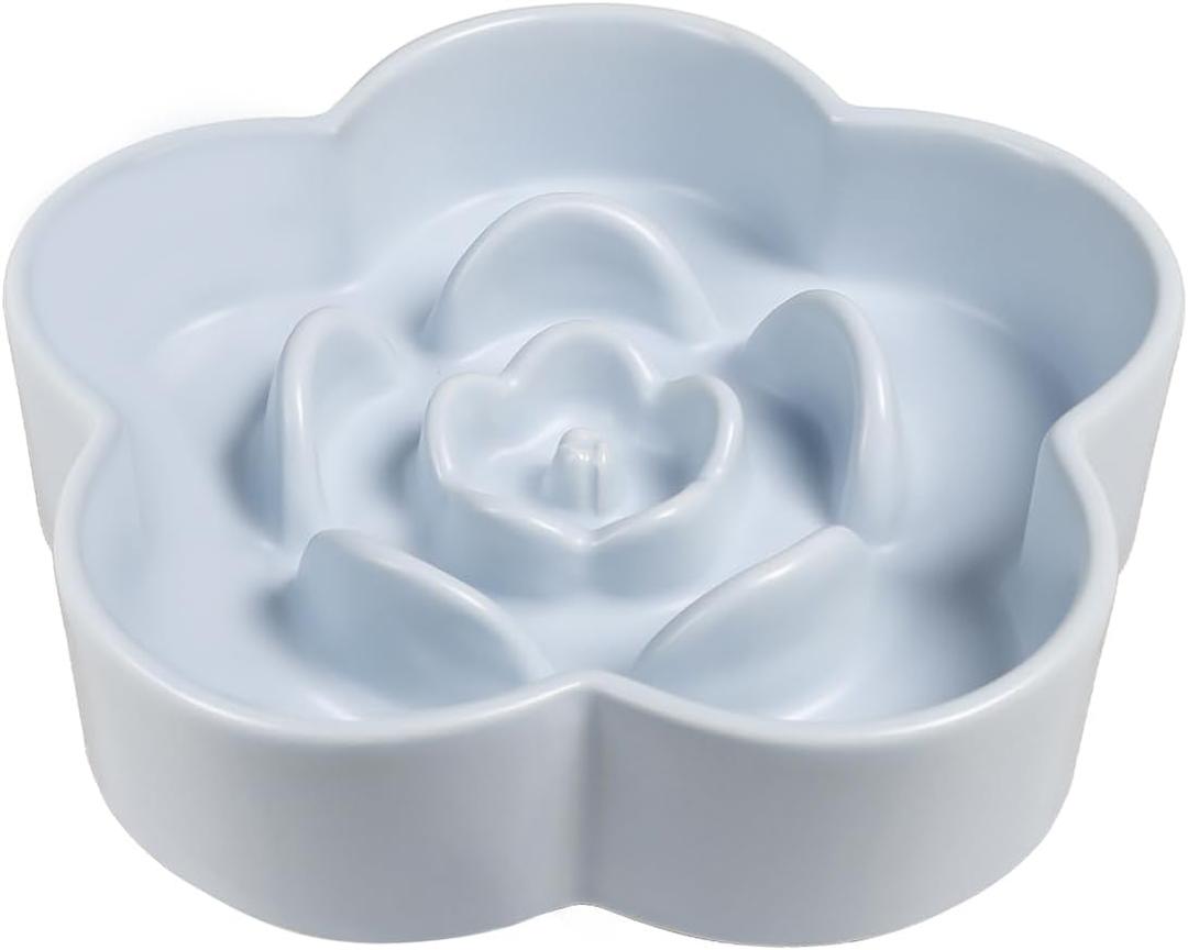 Ceramic Slow Feeder Dog Bowl, Anti-Choking Slow Food Bowls, 8" 11.3oz Slow Feeder for Medium, Large Breeds, Plum Puzzle Design, Non-Slip Silicone, Dishwasher and Microwave Safe, Blue