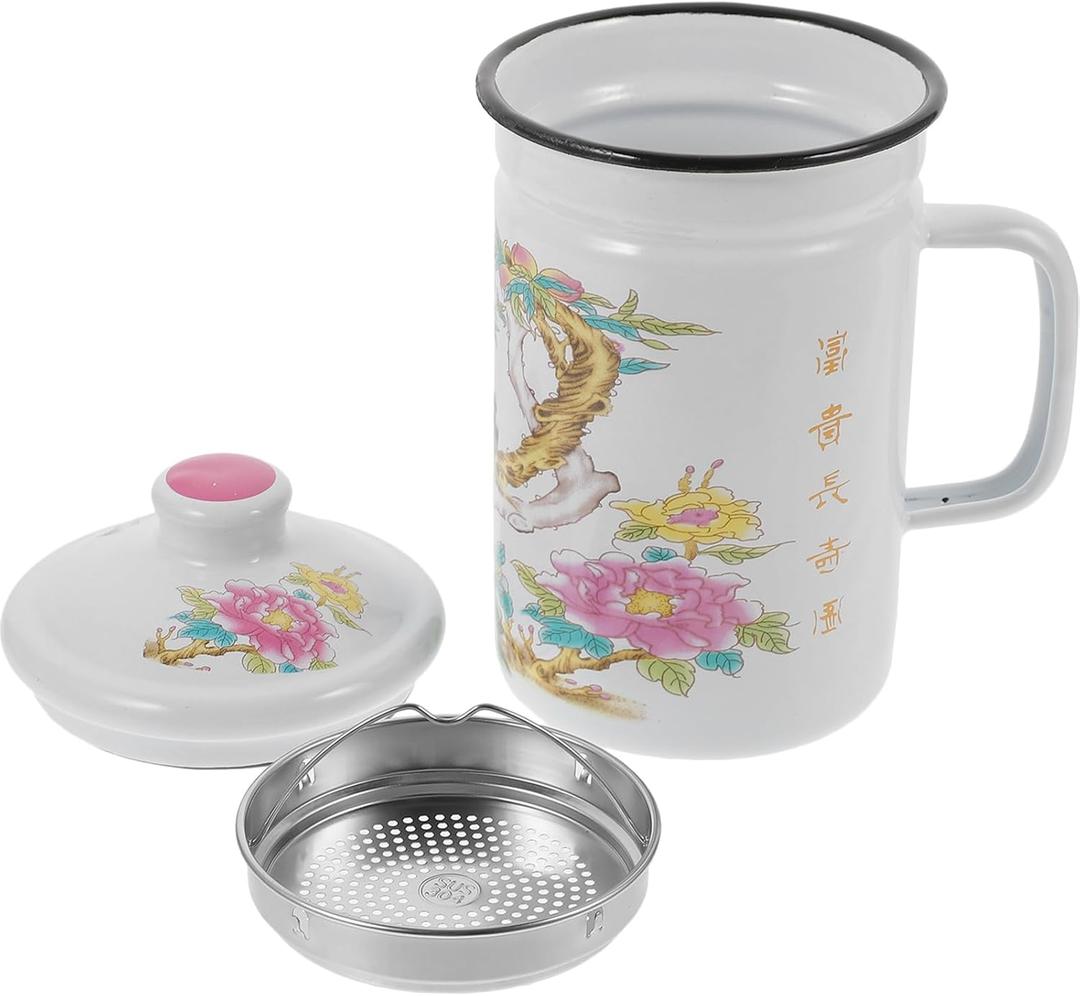 Luxshiny Enamel Tea Mug with Infuser 20 Oz Round Camping Coffee Mug with Handle and Lid Vintage Metal Drinking Cup for Home Office School Camping Party Supplies