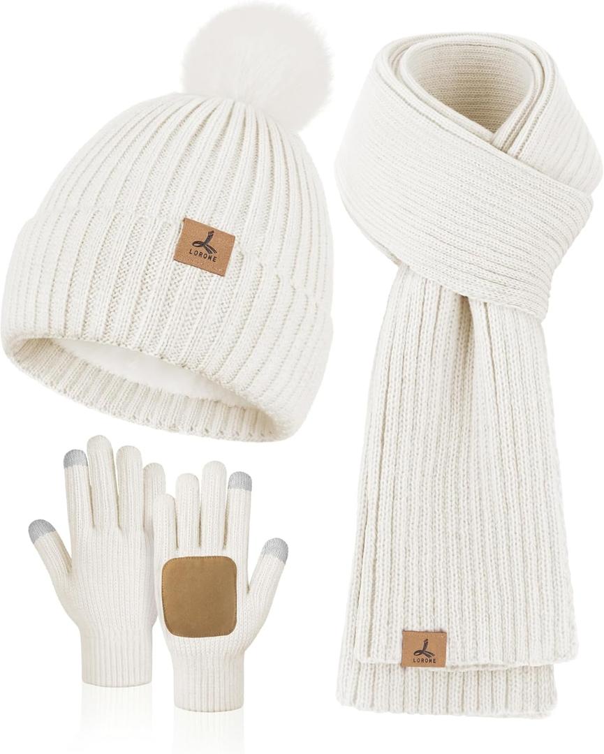 LOROME Women Winter Beanie Hat Scarf Gloves Set, Fleece Knitted Pompom Hat Warm Neck Scarf Touchscreen Gloves Winter Gift (Milk White)