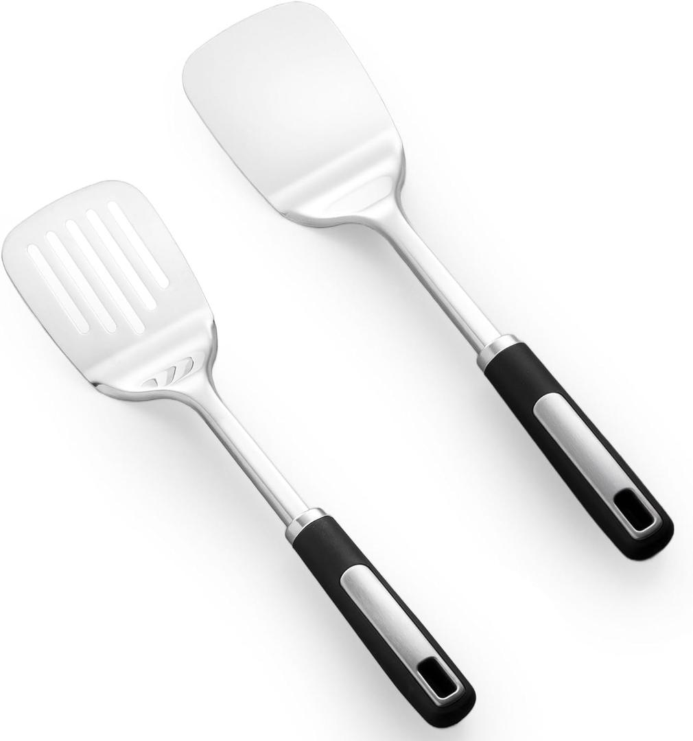 Stainless Steel Spatula Set, 2 Piece Heavy Duty Metal Turner Set, Thickened Solid & Slotted Spatula for Cooking, Heat Resistant Kitchen Utensils for Frying Fish, Eggs, Steak or Pancakes