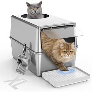 Stainless Steel Litter Box with Lid  Dog Proof, XL Enclosed Metal, High Side, Odor Control, for Big Cats & Multi-Cat Household, Black, Dubble Entry (Top and Front)