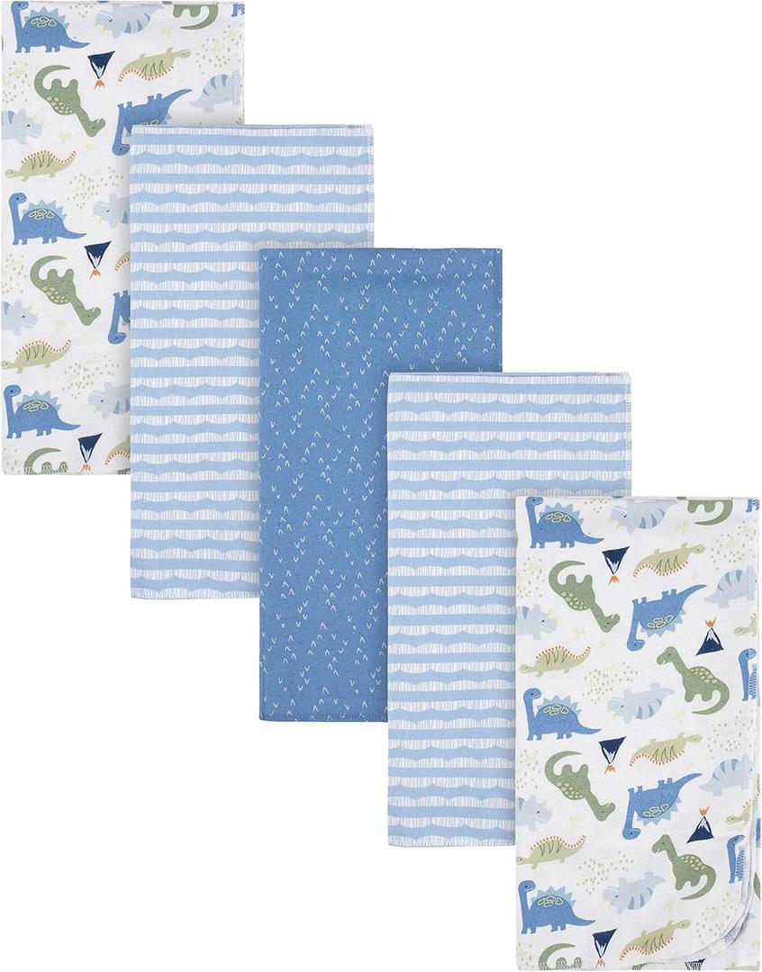 Gerber Boys Newborn Infant Baby Toddler Nursery 100% Cotton Flannel Receiving Swaddle Blanket, Dinosaur Blue, 5 Count (Pack of 1)