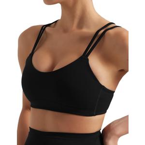 Yoga Sports Workout Bras for Women Seamless Molded Cup Spaghetti Double Strap Bra Wirefree Scoop Neck Tank Top Bras (Medium, Black)