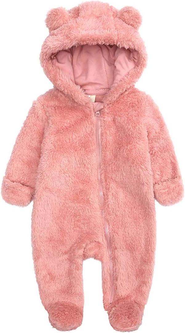 Newborn Baby Jumpsuit Hooded Fleece Rompers Long Sleeve Onesie Outwear Outfits (0-3 Months, Pink)