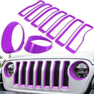 Front Grille Mesh Inserts & Headlight Cover for Jeep Wrangler JL JLU Sport & Sport S Only 2018-2023 Exterior Accessories Clip-in Grille Guard Cover Headlight Bezels Trim Ring (Purple 9PCS)