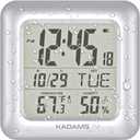 KADAMS Bathroom Clock 9.5" Kitchen Wall Clock with Large LCD Screen  Shower Clock with Suction Cup,Temperature, Humidity, Calendar  Water-Resistant, 4 Mounting Options, Silver