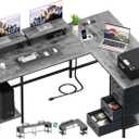 59 inch L Shaped Computer Desk with Power Outlets, Home Office Desk with 4 Adjustable Storage Drawers & 2 Monitor Stands, Two Person Gaming Table for Bedroom, Grey