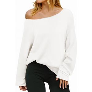 Fisoew Womens Off The Shoulder Tops Sweatshirts Lightweight Oversized Pullovers Long Sleeve Y2k Loose Fit Tunic Tops (White, L)