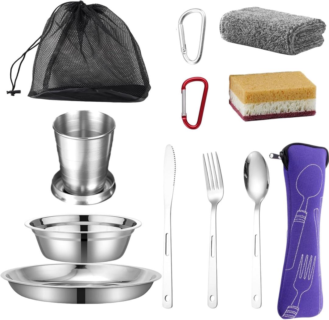 Scout Camping Mess Kits Stainless Steel Utensils Camping Dinnerware Kit Boy Scout Dishes Set Girl Scout Mess Kit with Mesh Bag Camping Cutlery Set Travel Trip School Camp Easy to Carry Clean (12 PCS, silver)