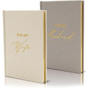 Hard Cover Vow Books (Set of 2) - For My Husband & For My Wife Grey & Cream Pocket Sized Foil Embossed Wedding Ceremony Vow Renewal Speech Notebook Planner, Gift for Bride & Groom Newly Engaged Couple