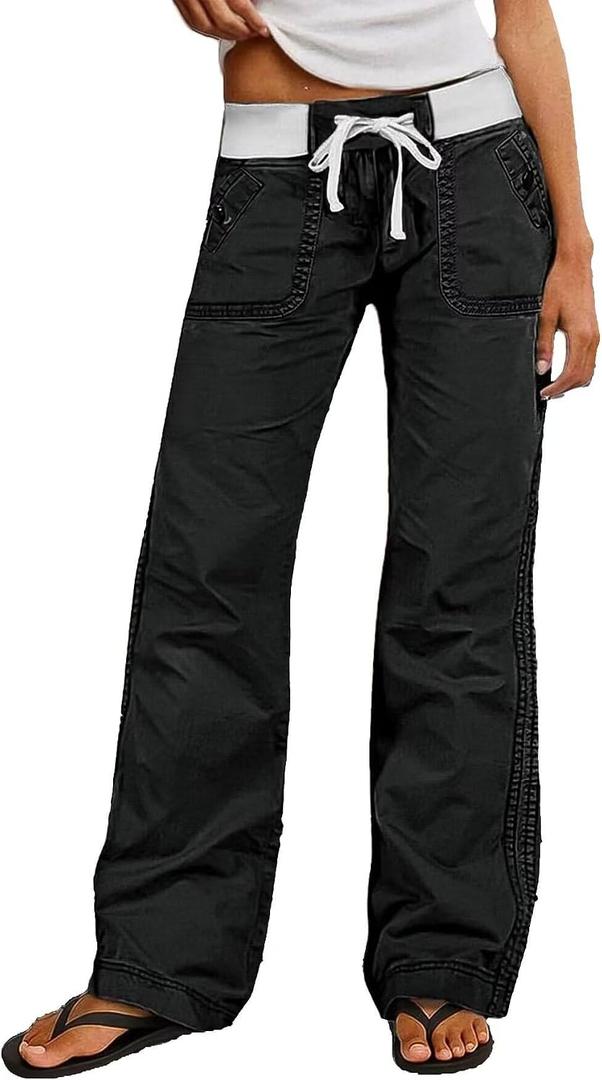 Flamingals Straight Leg Pants for Women Drawstring Waist Mid Rise Casual Solid Seam Detail Pants Black M