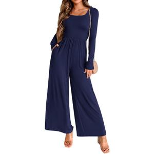 KIRUNDO Women's 2025 Spring Fashion Long Sleeve Wide Leg Jumpsuits Casual Dressy One Piece Square Neck Long Romper Pockets (Medium, Navy)