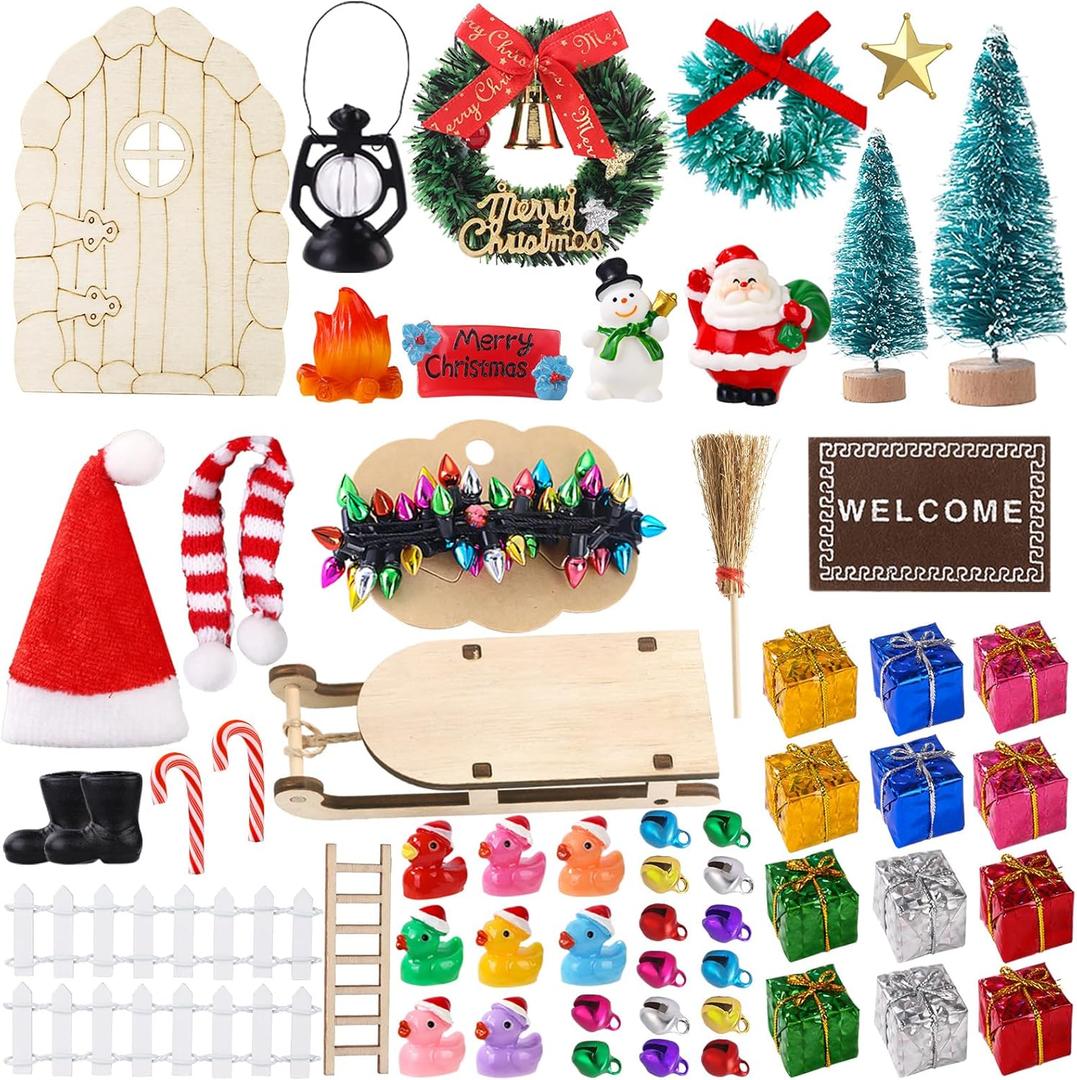 Celltestria 58Pcs Mini Christmas Door Decorations Sets Miniature Statues Wooden Door Tree Gift Boxes Wreath Santa Claus Snowman Accessories for Christmas Holiday Fairy Garden Decor