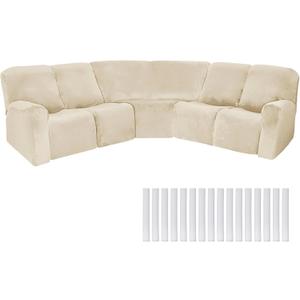 Peryiter 7 Pcs L Shape Sectional Recliner Sofa Covers 5 Seat Sectional Couch Covers Milk Silk Velvet Stretch Reclining Sofa Slipcover Furniture Protector for Living Room (Beige, Velvet)