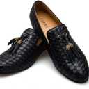 Men's Vintage Velvet Embroidery Noble Loafer Shoes Slip-on Loafer Smoking Slipper Tassel Loafer (10.5, Black)