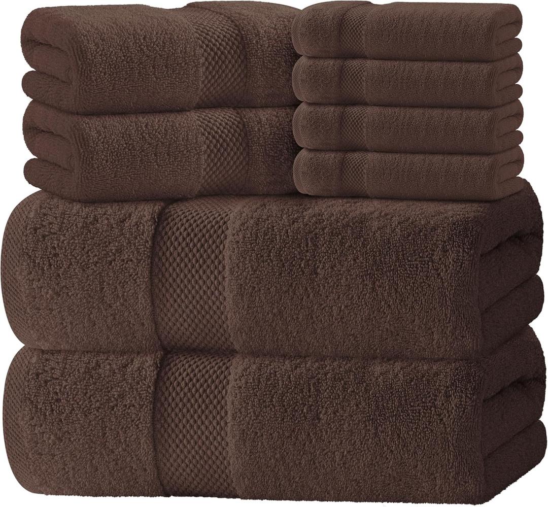 White Classic Luxury Bath Towel Set of 8 Pieces - 100% Turkish Cotton Highly Absorbent Towels for Bathroom, 2 Luxury Bath Towels 700GSM, 2 Hand Towels, 4 Washcloths, Brown