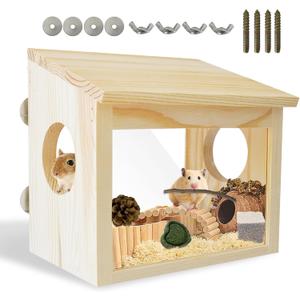 Visible Hamster Digging Box Hamster Sand Bath Container Rat Hideaway Wood Wooden House Hideout Exploration with Acrylic Plate Accessories Dwarf Syrian Rat Hideaway Wood Mice Gerbils Lemmings