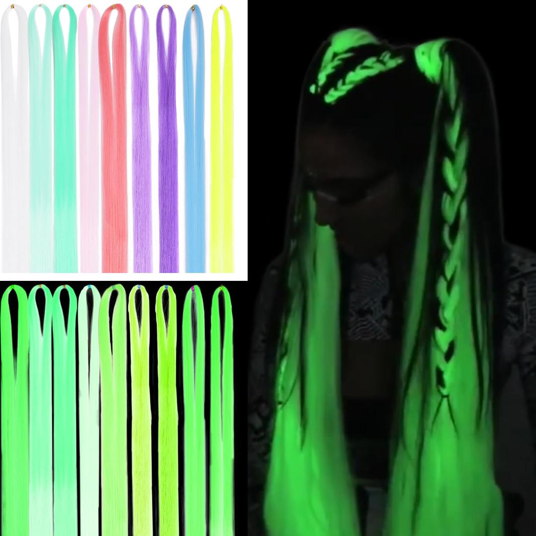 Luminous Hair Extension Kit with Tools Glow in the Dark Glitter Hair Tinsel for Women Neon UV Reactive Synthetic Hair Accessories for Christmas Halloween Party(48 Inch, 12 Colors, 3000 strands)