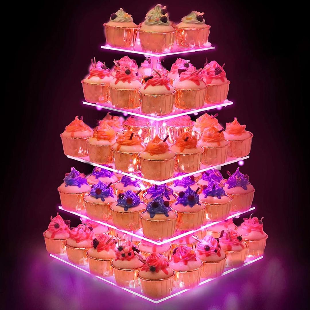 YestBuy Cupcake Stand with Pink Lights 5 Tier Premium Cupcake Holder Acrylic Cupcake Tower Display Stand Cady Bar Party Dcor Acrylic Display for Pastry + LED Light String Ideal for Weddings, Birthday (Pink)