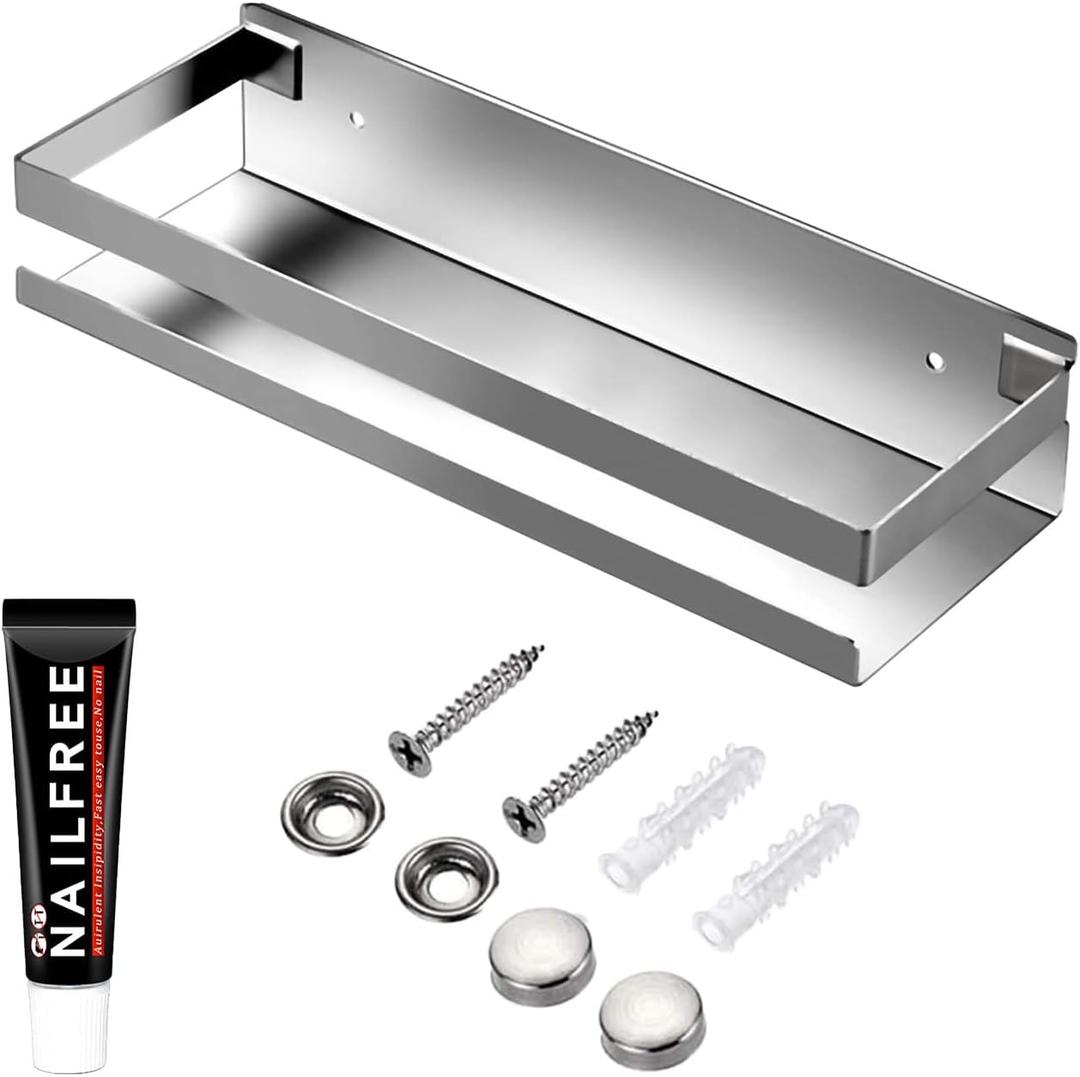 Rustproof Metal Storage Floating Shelves Wall Mounted Rectangular Shelf for Bedroom,Bathroom, Living Room, Kitchen, and Laundry Room,Nail-Free Wall-Mounted Shelves11.8 Inch Silver