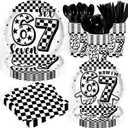 140PCS 6 7 Birthday Decorations,White and Black Checkered I Was 6 Now I'm 7 Seven Birthday Theme Party Tableware Set Plates Napkins Cups Tableware,Six Seven Birthday Party Decorations Serves 20 Guests