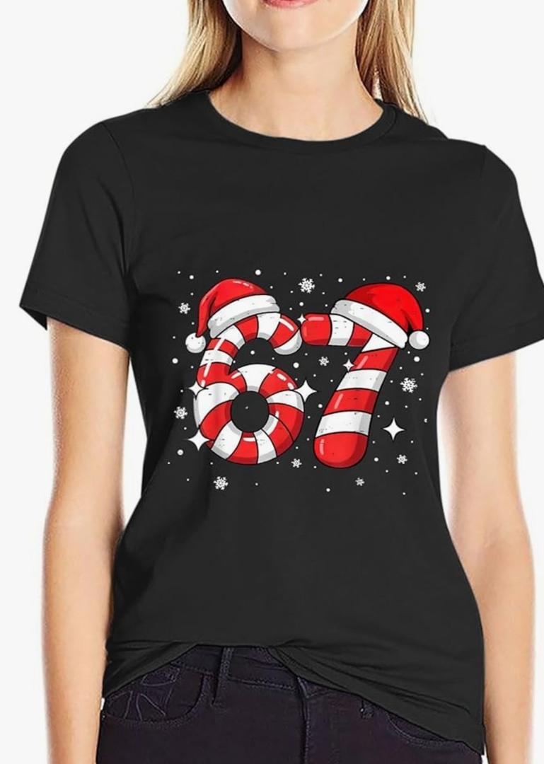 Fun 67 Meme Six Seven Candy Cane Christmas T-Shirts for Women Causal Soft Stylish Swim Stylish Shirt Size S