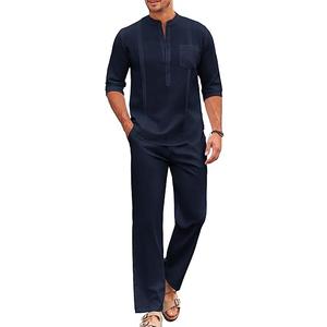 COOFANDY Men's 2 Piece Cotton Sets Casual Long Sleeve Cuban Henley Shirt and Loose Pants Set Beach Vacation Outfits, Size 3XL