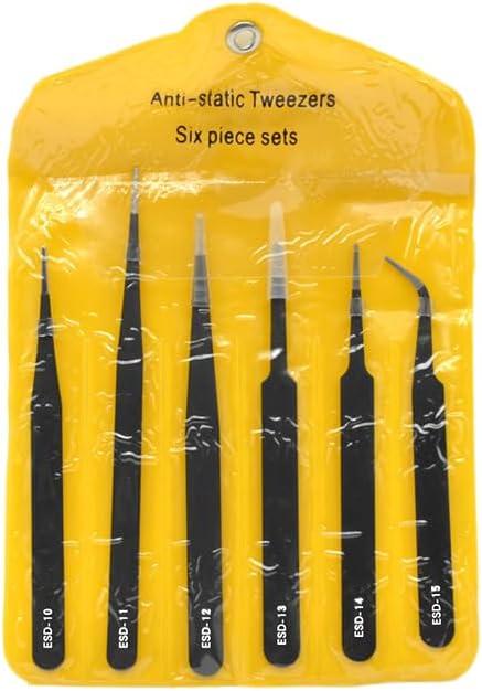 6PCS Precision Tweezers Set ESD Anti Static Stainless Steel Tweezers Repair Tools for Electronics Repair Soldering Craft