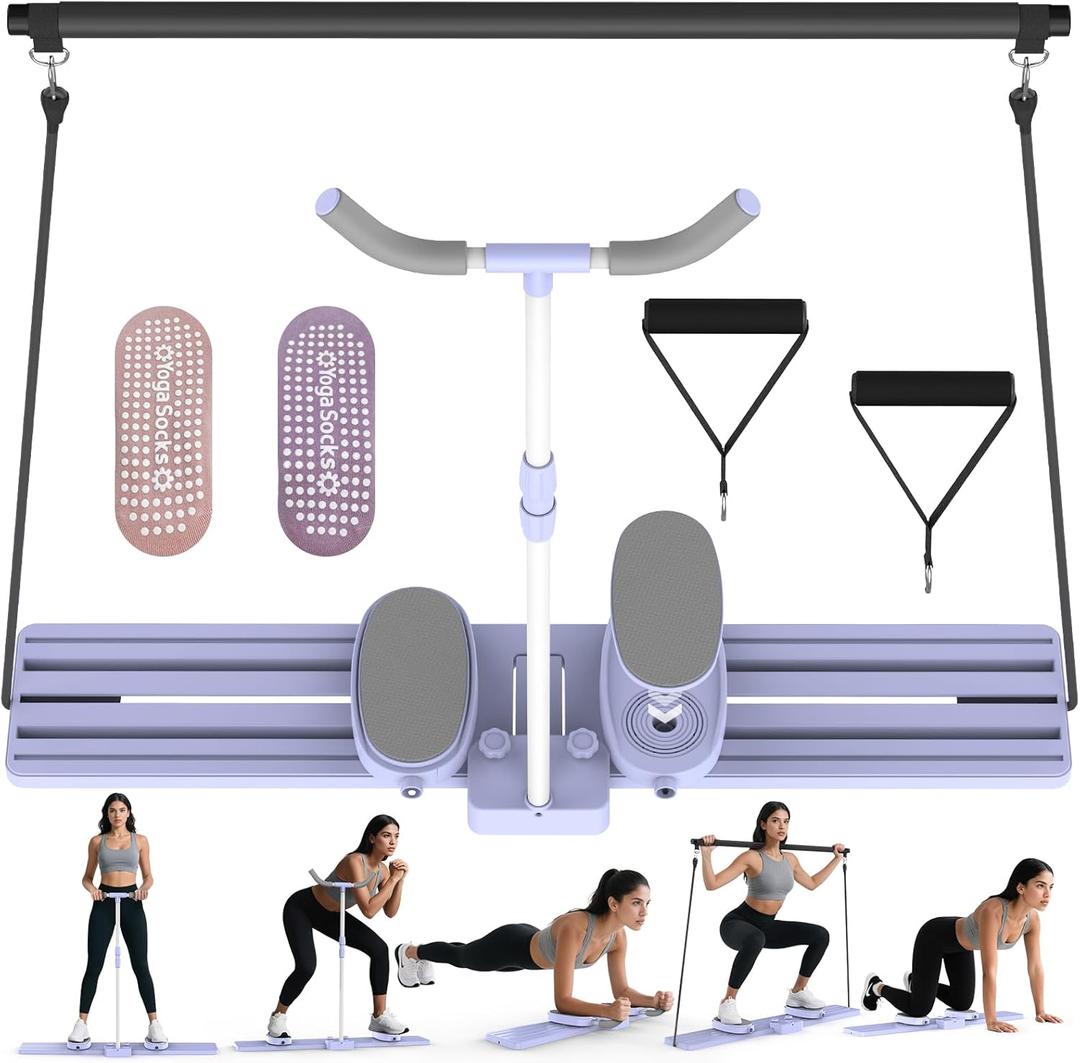 Foldable Pilates Slider Board, Ski Exercise Machinewith Resistance Bands, Ab and Leg Trainer, Multifunctional Pilates Machine, Home Gym Full Body Workout Equipment for Women