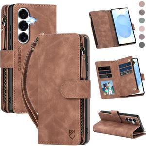 for Samsung Galaxy S25-Wallet Case: for Galaxy S24 Case with RFID Blocking Card Slots (6 Cards) | Soft PU Leather Magnetic Snap Zipper Pocket | Wrist Strap Protective Phone Cover -Brown