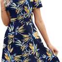 Women's Elegant Knee Length Dresses Vintage Summer Office Casual Floral Print Work Party A-Line Swing Dress with Pockets 162, XL