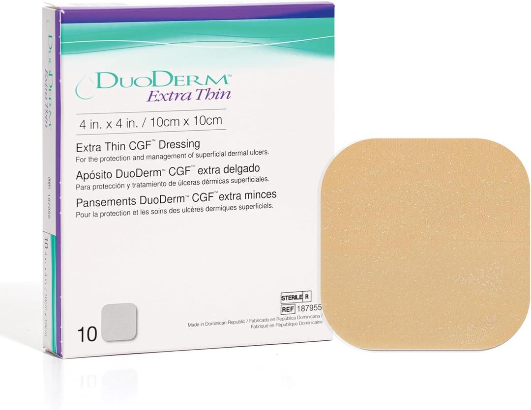 DuoDERM Extra Thin 4"x4" Hydrocolloid Bandage, Sterile, 10 Ct
Adhesive Wound Dressing, Thin and Flexible, Waterproof, Low Friction, Superficial Wounds, Beige, Sheer, Conformable
