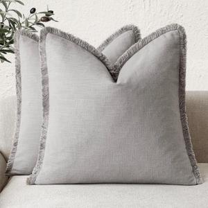 Foindtower Set of 2 Decorative Linen Fringe Throw Pillow Covers Cozy Farmhouse Cushion Cover with Tassels Accent Pillowcase for Couch Chair Sofa Bed Living Room Home Decor,2424 Inch,Light Rustic Gray