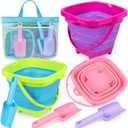 Collapsible Beach Buckets for Kids, Foldable Sand Buckets and Shovels with Mesh Bag, Silicone Sand Pails Travel Beach Toys for Toddlers Easter Egg Hunt, Camping and Fishing Water Pail