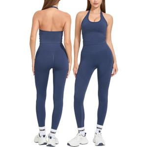 MOOSLOVER Women 2 Piece Workout Sets Halter Sports Bra Butt Lifting Leggings Gym Yoga Outfits (Medium, Blue)