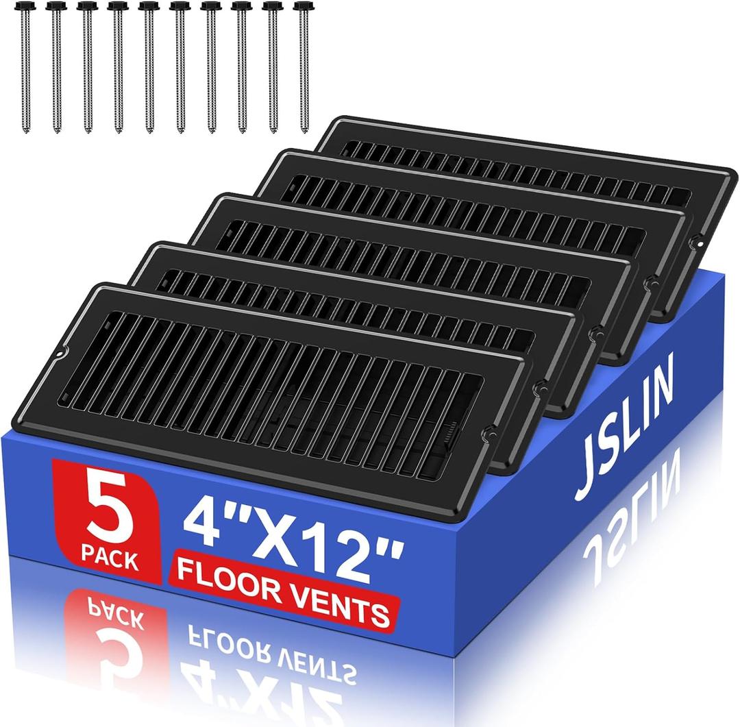 4x12 Floor Regsiter Vent Covers for Home Floor Wall Ceiling - Black with Screws for Easy Installation - Heavy Duty Steel Walkable Finish for Quiet Adjustable Air Vent Cover 4 x 12- 5 Pack