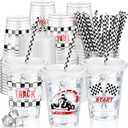 FoldTier 50 Pcs Checkered Racing Party Plastic Cup 12 oz Checkered Flag Thick Transparent Cup Black and White Cups Race Car Birthday Party Supplies for Racecar Sports Themed