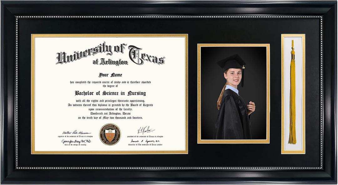 GraduationMall 11x22 Black Diploma Frame with Tassel Holder and Picture for 8.5x11 Certificate 5x7 Photo,Real Glass,Black over Gold Mat, Black With Silver Beads