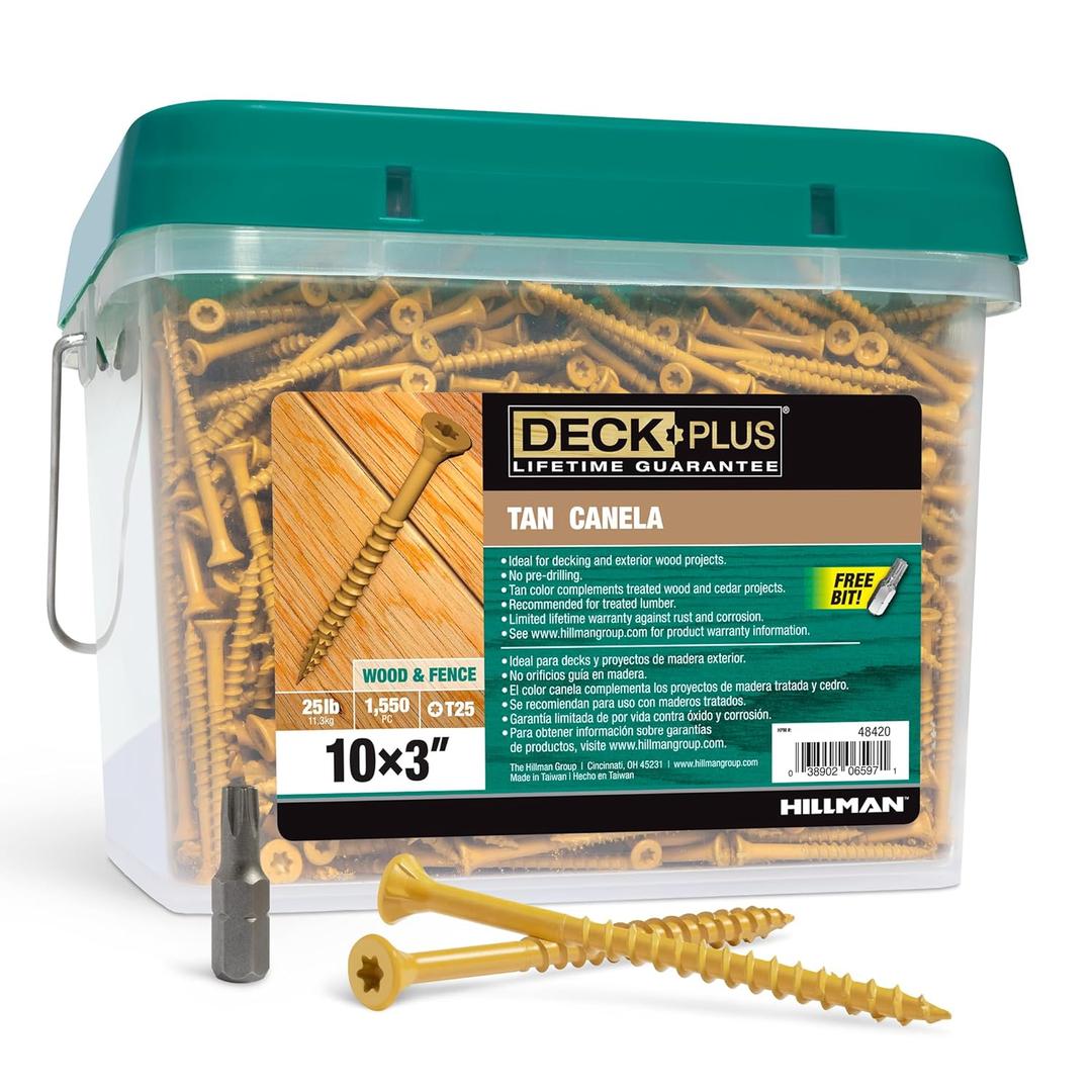 Deck Plus 48420 Exterior Wood Screws, #10 x 3, 4-Layer Epoxy Coated, Torx/Star Drive Included, Coarse Thread, Decking Screws, Outdoor Rust Resistant, Tan, 1550pcs