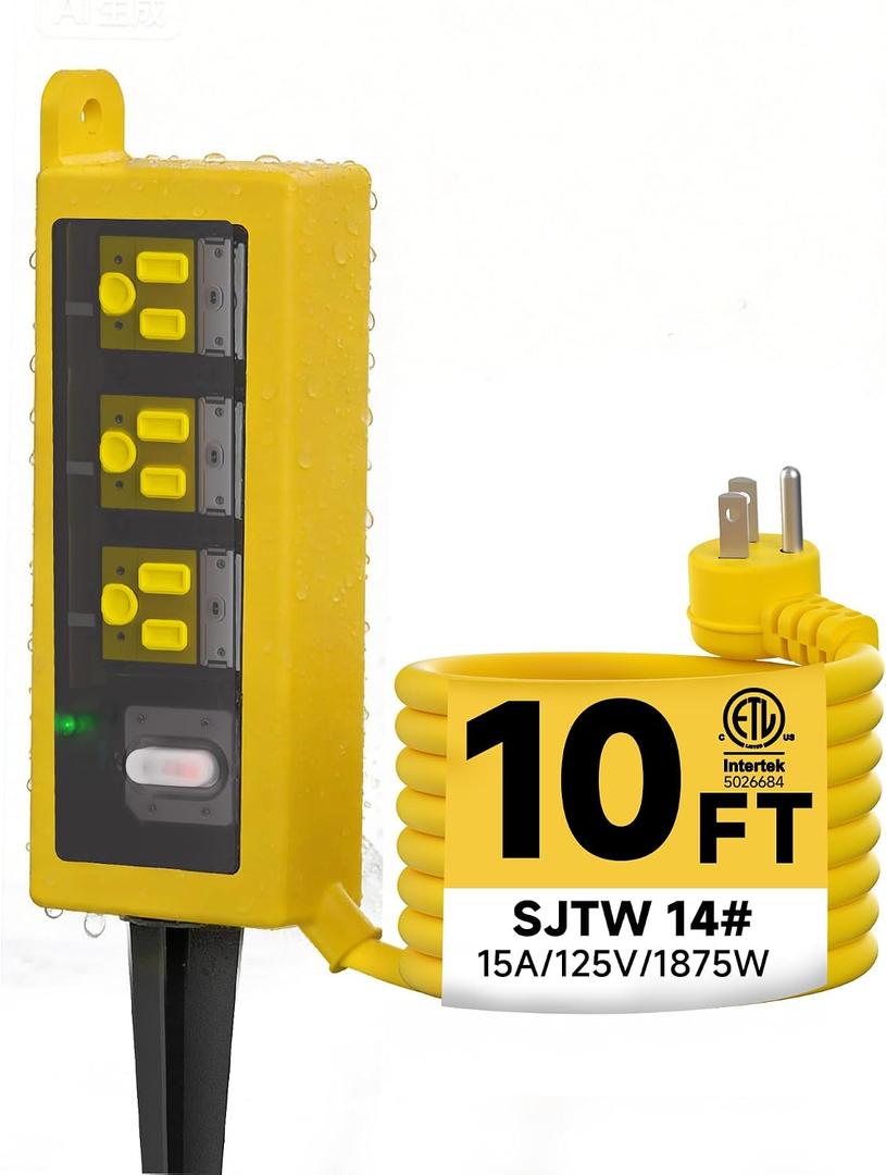 Outdoor Extension Cord, 3 Wide Outlets, 1875W/15A, 10FT 14AWG Heavy Duty SJTW Power Strip with Surge Protector, All-Weather & IP66 Fully Waterproof, Ideal for Patio, Garden, Pool, RV, Yellow